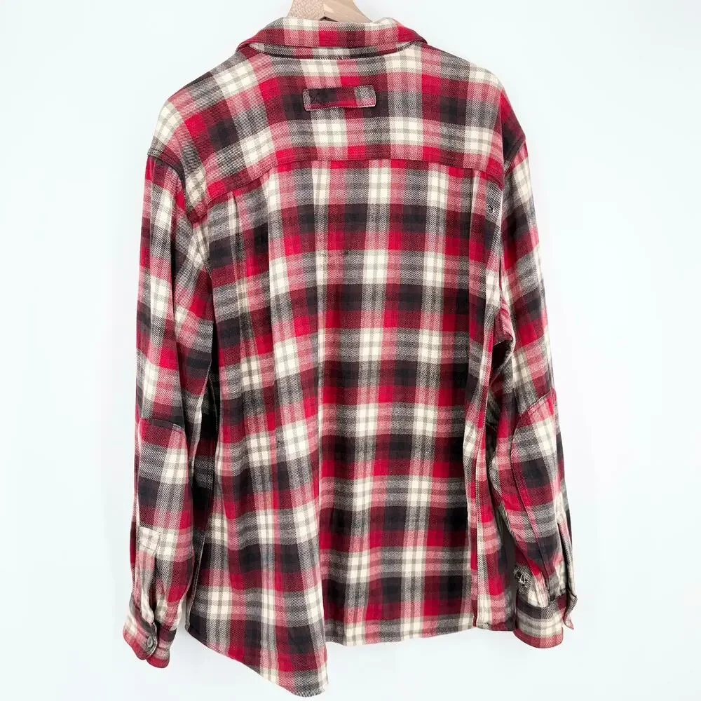Woolrich Mens XL Flannel Shirt Red Black Plaid Heavy Cotton Elbow Patches FLAWED - Picture 13 of 15
